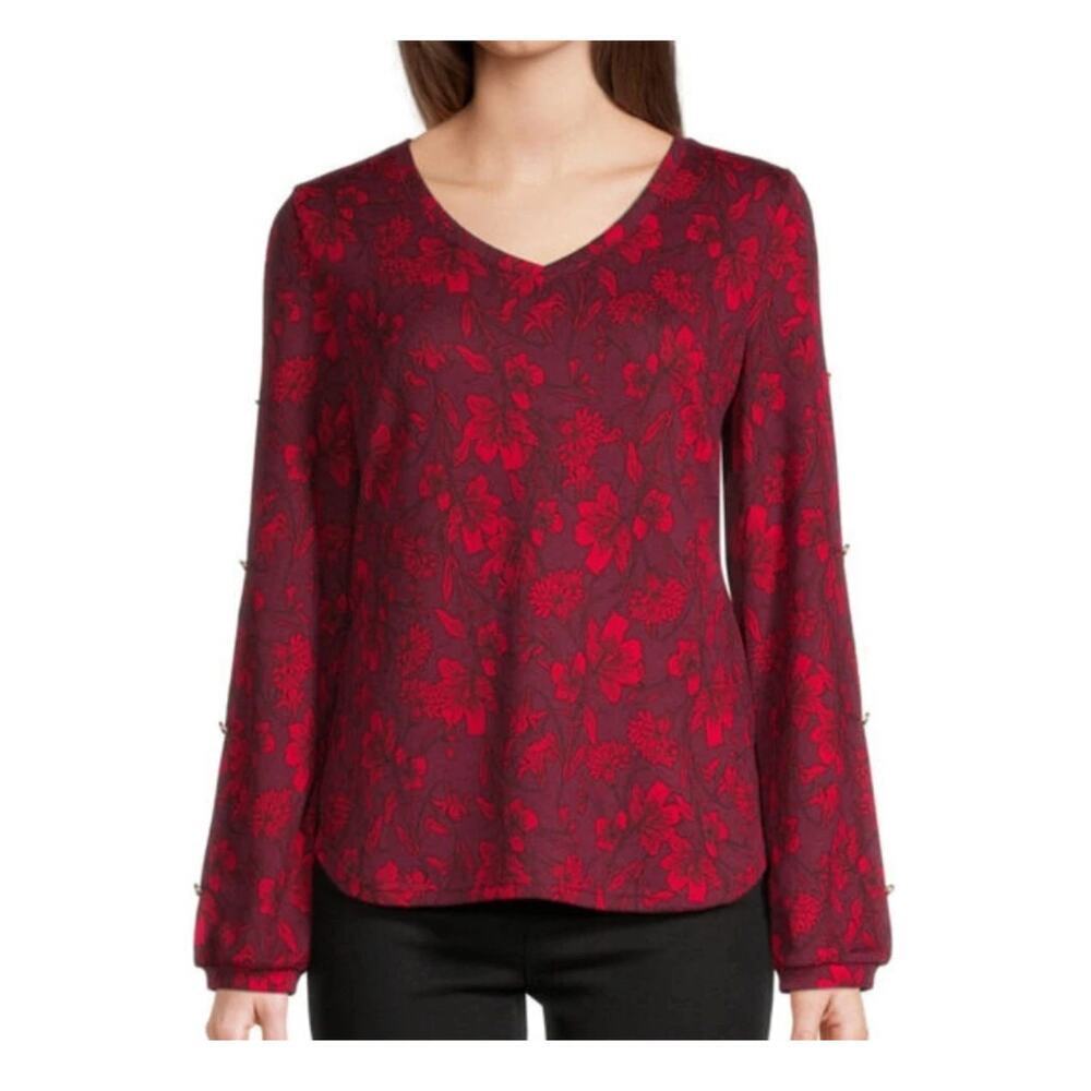 Liz Claiborne Red floral Long Sleeve Knit Blouse Size Small